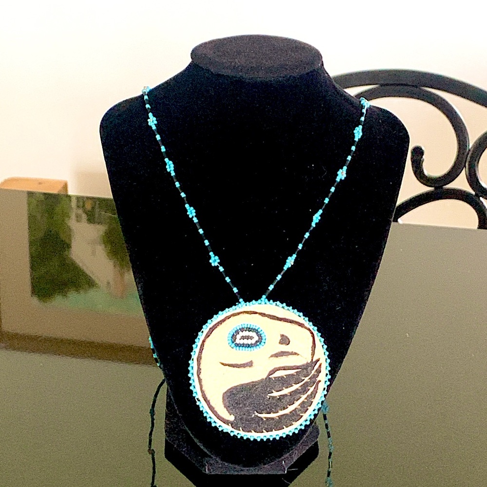 Native American Tlingit Handmade Bead And Animal Hide Eagle Pendant Necklace